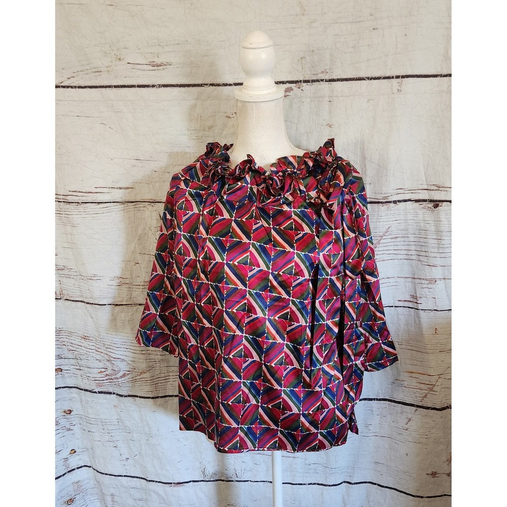 Never A Wallflower Silk Blend Ruffle Neck Bow Blouse Geometric Print Size Small